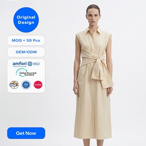 <span class=keywords><strong>Abito</strong></span> Camicia Senza Maniche Beige da Donna, Design Originale Personalizzato, Elegante Vestito <span class=keywords><strong>Midi</strong></span> con Vita Incrociata e Laccio, Abiti di Lusso per Ufficio OEM - Product Image 1
