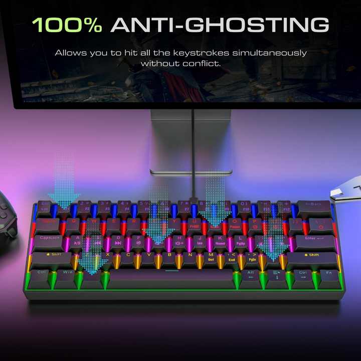 Blue Switch Gaming Keyboard - Compact 61 Keys LED Backlit
