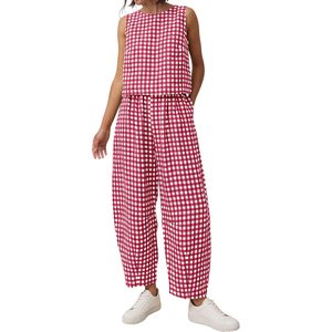 Conjunto de 2 Piezas para Mujer, Top sin Mangas a Cuadros y Pantalones Anchos, Estilo Casual de Verano, Transpirable, de Algodón y Fibra de Bambú - Product Image 1