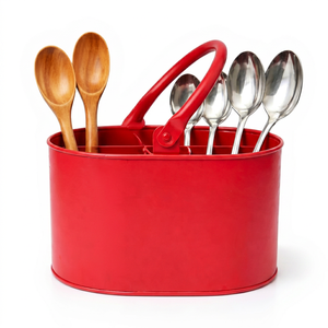 <b>Red</b> Cylindrical <b>Metal</b> Cutlery Storage Holder with Handle for Kitchen Tableware Organization Modern Design - Product Image 4