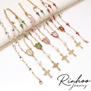 Rosari in lega placcati oro con perle, con Occhio di Allah, Croce e Vergine Maria, <span class=keywords><strong>per</strong></span> Battesimo e <span class=keywords><strong>Preghiera</strong></span>, Braccialetti di <span class=keywords><strong>preghiera</strong></span> cattolici - Product Image 1