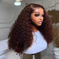 Perruque sans colle 13x4 Lace Front en cheveux humains, bouclée birmane marron chocolat, pré-épilée, Deep Wave, avec frontal HD
