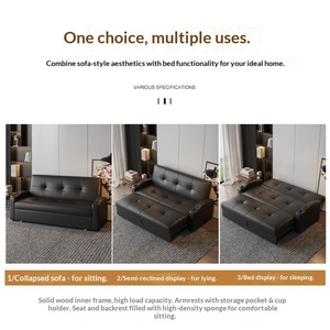 Foldable Genuine Leather Sofa <b>Bed</b> Two In One Multifunctional Design Pull Out Double Leather Couch For Small Apartment And Office - Product Image 5