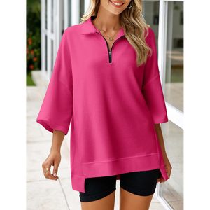 Sweat-shirt surdimensionné pour femme, manches 3/4, fermeture éclair, col en V, tunique asymétrique, tricotée, décontractée - Product Image 2