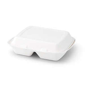 Boîtes à lunch rectangulaires compostables à deux compartiments avec couvercle à charnière en canne à sucre, 25x20 cm - Product Image 5
