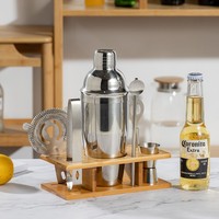 Kit de préparation de cocktails en acier inoxydable, accessoires de mixologie, ensemble de 7 pièces avec shaker à cocktails en bambou