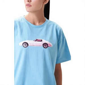 T-shirt décontracté pour femme, bleu clair, col rond, manches courtes, imprimé motif voiture, coupe ample, en jersey, pour printemps et été - Product Image 5