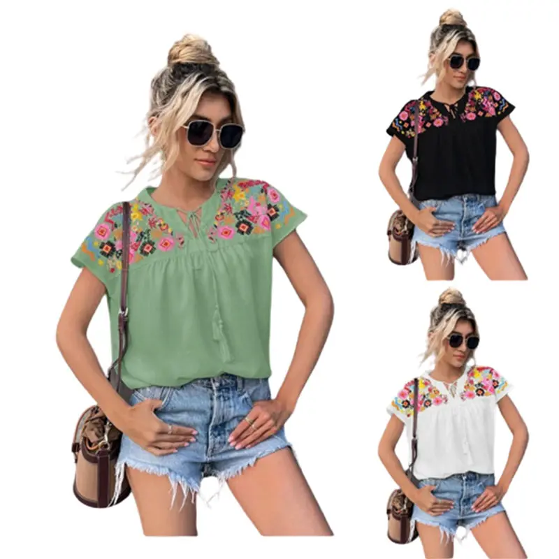 Summer New Floral Embroidery Tassel Tie Loose Women'S Clothing Blouse