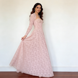 Robes pour femmes, rose clair, col halter, col cœur, manches longues, tissu en dentelle, taille corset, élégante, <span class=keywords><strong>robe</strong></span> de soirée maxi pour femmes - Product Image 3
