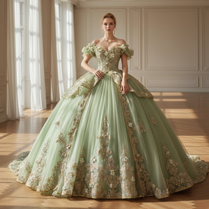 Vestidos de Quinceañera Verde Salvia con Dorado para Niña, con Lentejuelas, Plisado, Hombros Descubiertos, Estilo Princesa Verde Lsmu132 - Product Image 1