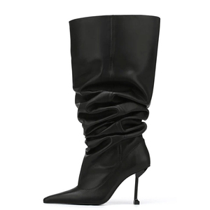 on Pleated Upper Fashion <b>Long</b> Booties Wide Fit Loose Kitten High Heels Shoes Women's Pointed Toe Knee High Boots - Product Image 4