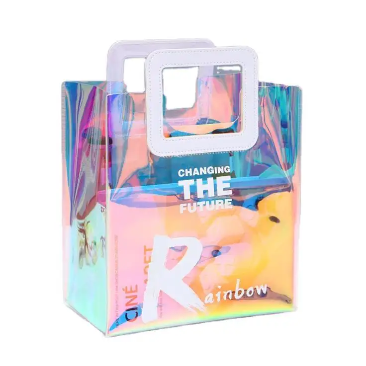 Reusable hologram clear plastic pvc tote bag for women's shopping with PU leather handle