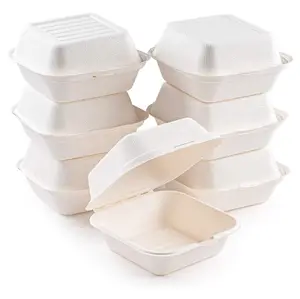 Biodegradable Microwavable Hamburger Food Box Sugarcane Bagasse 6x6 Inch Disposable Food Container