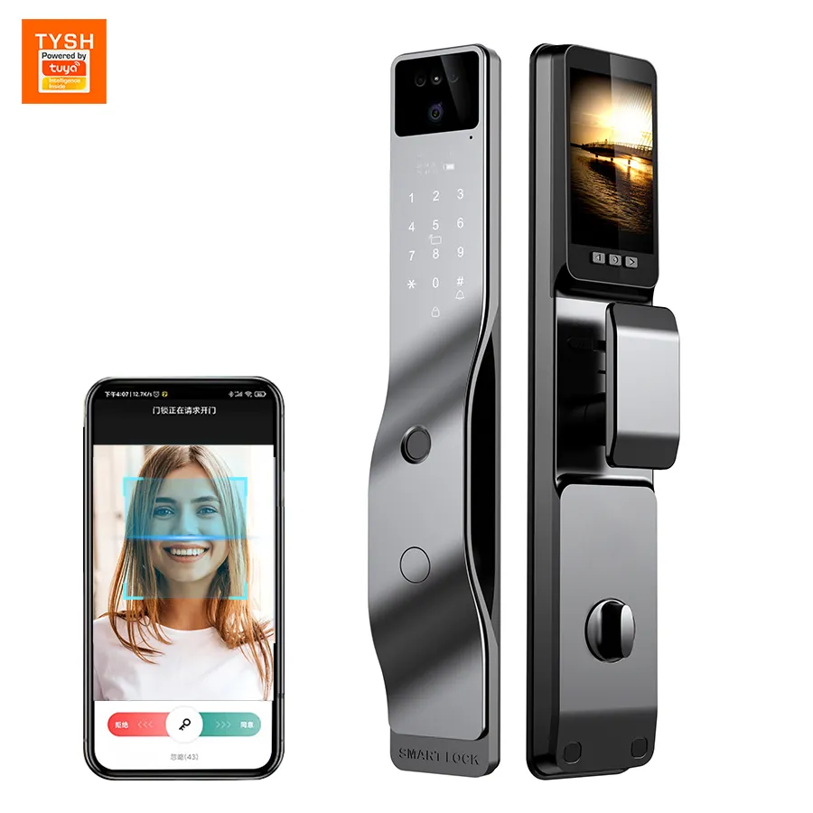 قفل باب ذكي بخاصية التعرف على الوجه والواي فاي من Tuya App TYSH مع خاصية التعرف على البصمات الحيوية وكاميرا قفل الأبواب الخشبية
