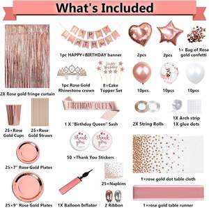 Kit de Décorations Joyeux Anniversaire Or Rose avec Support à Ballons, Vaisselle, Nappe, Bannière, Rideau à Pompons et Ballons - Product Image 2