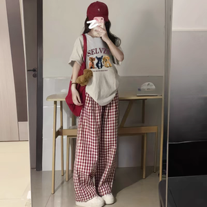 Pigiami estivi con pigiama donna che esplora vestiti <span class=keywords><strong>per</strong></span> la casa lunghi lunghi grigiuti tre cuccioli pantaloni a quadri rossi pigiama - Product Image 5