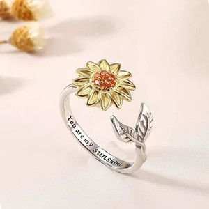 Sunflower Rotating <b>Ring</b> <b>Adjustable</b> Dual Tone With Diamond Pave Setting For Unisex Gift Jewelry - Product Image 3