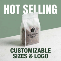 Sacs à café transparents mats thermoscellables à fond plat avec valve et fermeture éclair, 250g, 500g, 1kg