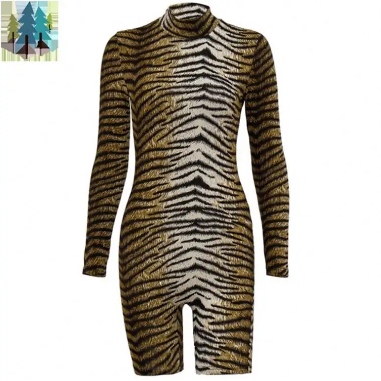 Macacão de manga longa com estampa de leopardo para mulheres, bodycon sexy com gola alta e estampa de tigre, moda africana Euro US