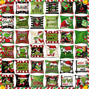 Hot-selling <b>Grinch</b> Green Monster Cartoon Print Mixed Christmas Linen Pillowcase - Product Image 1