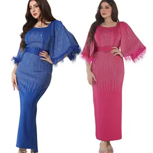 Muslim Arab Women's Fashion Feather Stamping Diamond Slim Evening Gowns Dubai Robe Islamic Flared Sleeve Dresses