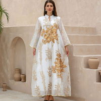 Abaya Modeste pour Femme à Motifs Floraux et Géométriques, Faite à la Main en Polyester Anti-Boulochage avec Jupe à Paillettes Brûlées, Style Musulman