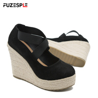 Femmes automne paille tissé chanvre corde pêcheur chaussures bout rond plate-forme grosse semelle mode chaussures compensées talons hauts
