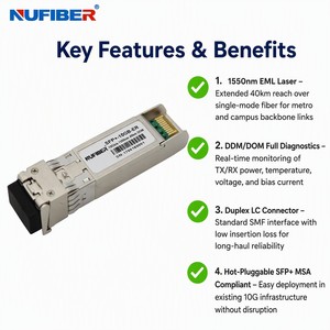 Transceptor SFP+ ER de 10G, Monomodo, 1550nm, 40km, Dúplex LC, DDM, para Estación Base Rural, Línea de Alquiler Punto a Punto Metropolitana - Product Image 2