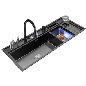 Évier de cuisine multifonctionnel en acier inoxydable 3 en 1, noir, double bac, sous plan, lavage ultrasonique des fruits, légumes et fruits de mer - Product Image 1