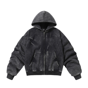 Felpa con Cappuccio Corta da <span class=keywords><strong>Uomo</strong></span> Personalizzata, Stile Vintage Lavato e Usurato, Oversize, con Zip, in Pile, Stile Streetwear Retrò - Product Image 1