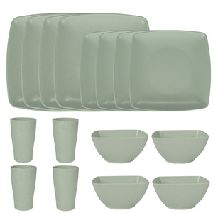 Hot Selling 16Pcs Disposable Plastic Dinnerware <b>Set</b> <b>Square</b> Steak Plate and Salad Bowl with Fruit Pattern Wheat Straw Design - Product Image 5