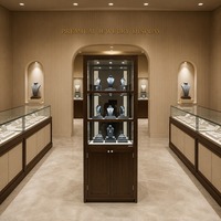 Vitrine haute pour bijoux en bois massif écologique avec éclairage LED, finition noyer foncé, personnalisable pour bijouterie