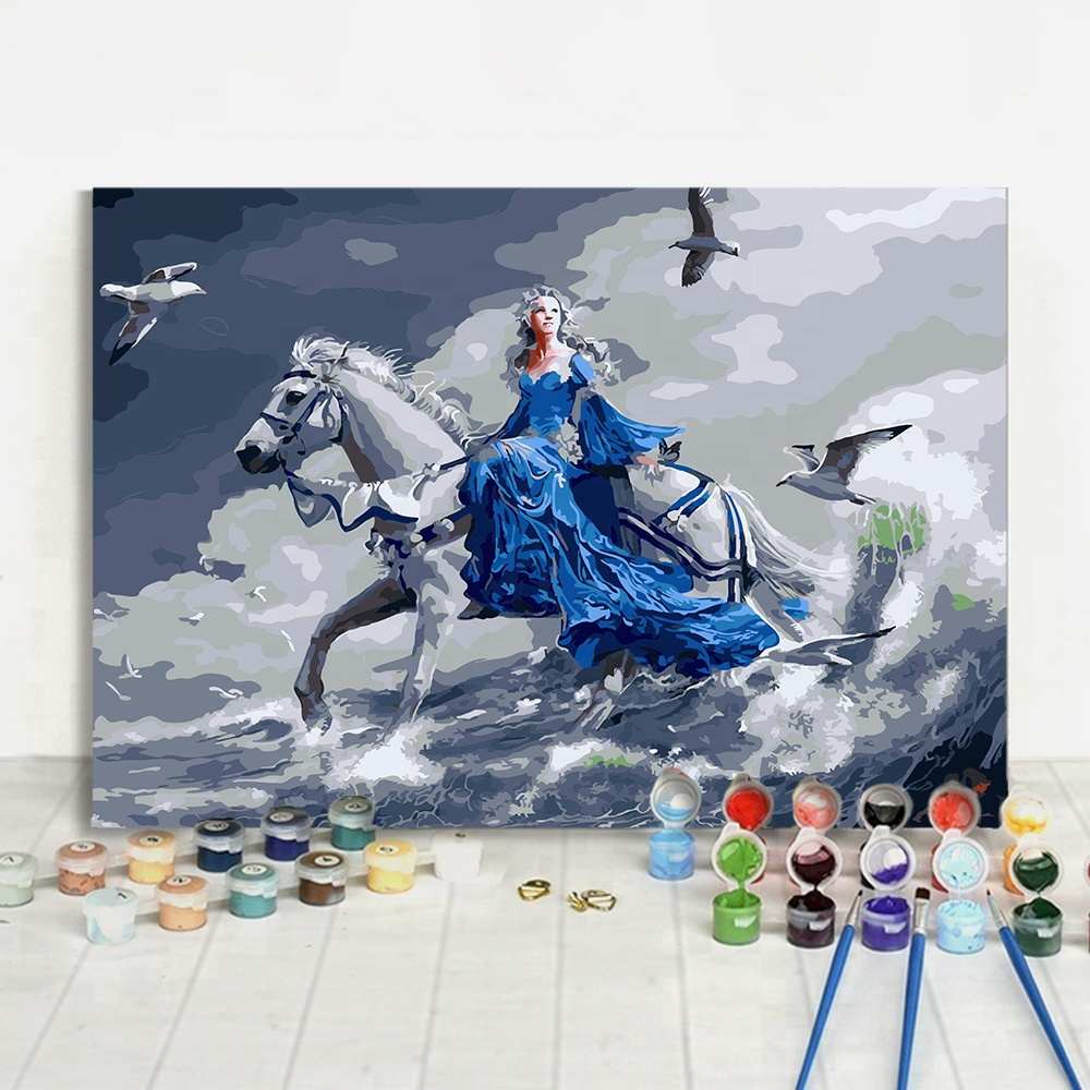 Người Phụ Nữ Mặc Trang Phục Màu Xanh Cưỡi Ngựa Trắng Lướt Sóng DIY Vẽ Số Acrylic