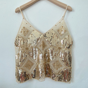 Hot Same Summer Female Heavy Industry Sequin Studs <strong>Sparkly</strong> Sexy Beading Tank <strong>Top</strong> Women's V-neck Short <strong>Vest</strong> - Product Image 1