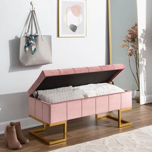 <span class=keywords><strong>Banc</strong></span> <span class=keywords><strong>de</strong></span> <span class=keywords><strong>rangement</strong></span> rose avec pieds en acier doré pour entrée intérieure avec pouf rembourré - Product Image 1