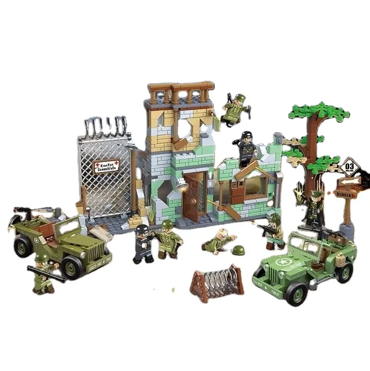 Military Building Blocks 4-in-1 War Scene Building Jeeps/Abandoned Houses/Defending Positions legoing