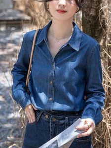 Chemise en jean à manches longues pour femmes, automne, avec boutons sur le devant, chemise décontractée à col pour femmes, vente en gros - Product Image 3