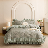 Ensemble de literie en coton brossé 100% avec jupe de lit à volants florale 4 pièces, style romantique français shabby chic vert