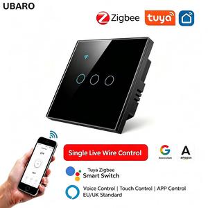 Interruptor de Luz Táctil Inteligente Tuya Zigbee 10A para la UE, de Vidrio Templado Negro, Monopolar, Control Remoto por App, Temporizador, Control por Voz, 400W/Gang - Product Image 1