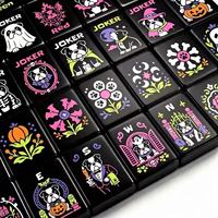 Jeu de Mahjong américain automatique pliable en acrylique noir, en stock, avec tuiles de jeu imprimées décoratives motif Bouledogue d'Halloween