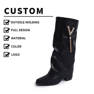 Chaussures pour femmes, nouveau style, talons hauts sexy de 6.5cm, bottes hautes jusqu'aux genoux, couleur unie, bottes longues en forme de V, strass en métal, XRui717 - Product Image 1