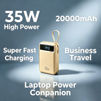 Banco de Energía Portátil de 35W con Cable, Carga Rápida, 20000mAh, Mini Pantalla, con Puertos USB Dual y Tipo-C para Uso en Exteriores