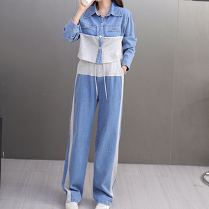 Ensemble Tendance Printemps-Automne 2025 Style Streetwear Décontracté pour <span class=keywords><strong>Femme</strong></span> Veste en Jean Patchwork à Manches Longues et Pantalon 2 Pièces 3313 - Product Image 2