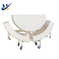 Juego de Mesa de Comedor Escolar de Madera Moderna, Plegable, con Bancos Redondos Móviles para Uso Comercial