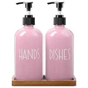 Botella <span class=keywords><strong>de</strong></span> bomba <span class=keywords><strong>de</strong></span> loción para cocina, baño, encimera, champú, lavandería, bandeja <span class=keywords><strong>de</strong></span> Gel <span class=keywords><strong>de</strong></span> ducha <span class=keywords><strong>con</strong></span> madera <span class=keywords><strong>de</strong></span> acacia, dispensador <span class=keywords><strong>de</strong></span> jabón rosa, vidrio - Product Image 1
