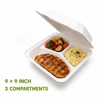 Boîte alimentaire jetable en bagasse de canne à sucre à 3 compartiments, format 9x9 pouces, pour restaurant