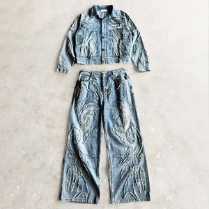 Two Piece Custom Jeans Suit Ensemble Jeans Washed <b>Distress</b> Patch Denim Jacket Set Blue Jeans Sets for Men - Product Image 1
