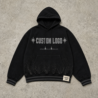 Sweat à capuche noir personnalisé pour homme avec motif graphique étoile cloutée et ourlet moucheté, style streetwear, usine OEM ODM