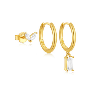 CANNER Lot de 3 boucles d'oreilles créoles Huggies en argent S925 avec zircon marquise et pierre de zircon vert, motifs fleur et nœud, bijoux fins - Product Image 1