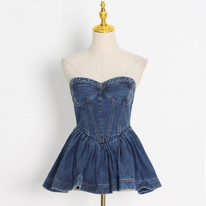 ZHEZHE mode haute qualité femmes nouveau solide femmes <span class=keywords><strong>matures</strong></span> Jean robes sans manches <span class=keywords><strong>Tube</strong></span> à volants Mini robe en jean - Product Image 2